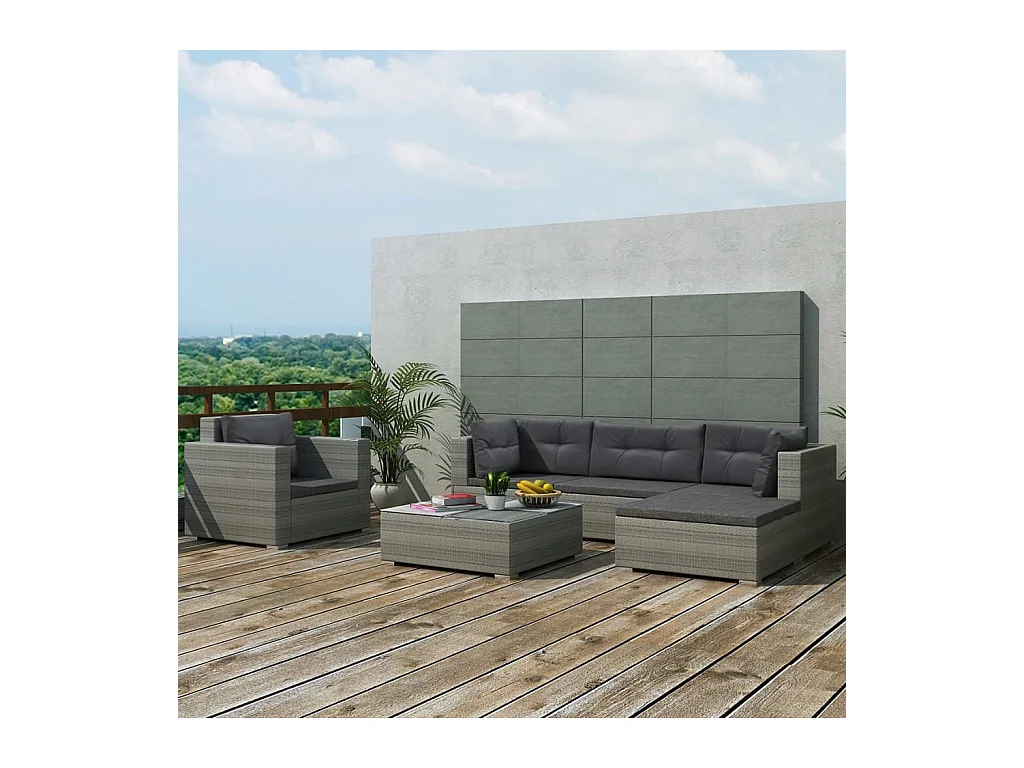 Salon de jardin 6 pièces avec coussins Résine tressée Gris