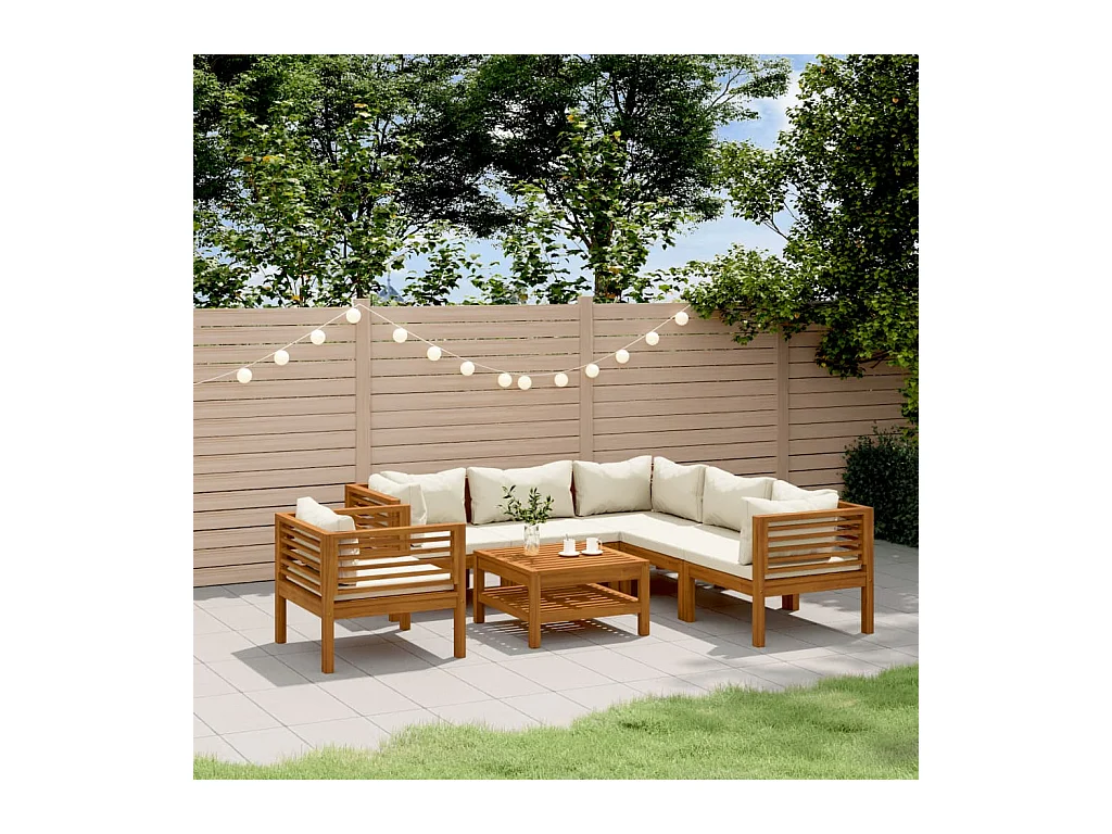 Salon de jardin 7 pièces avec coussin crème Bois d'acacia solide
