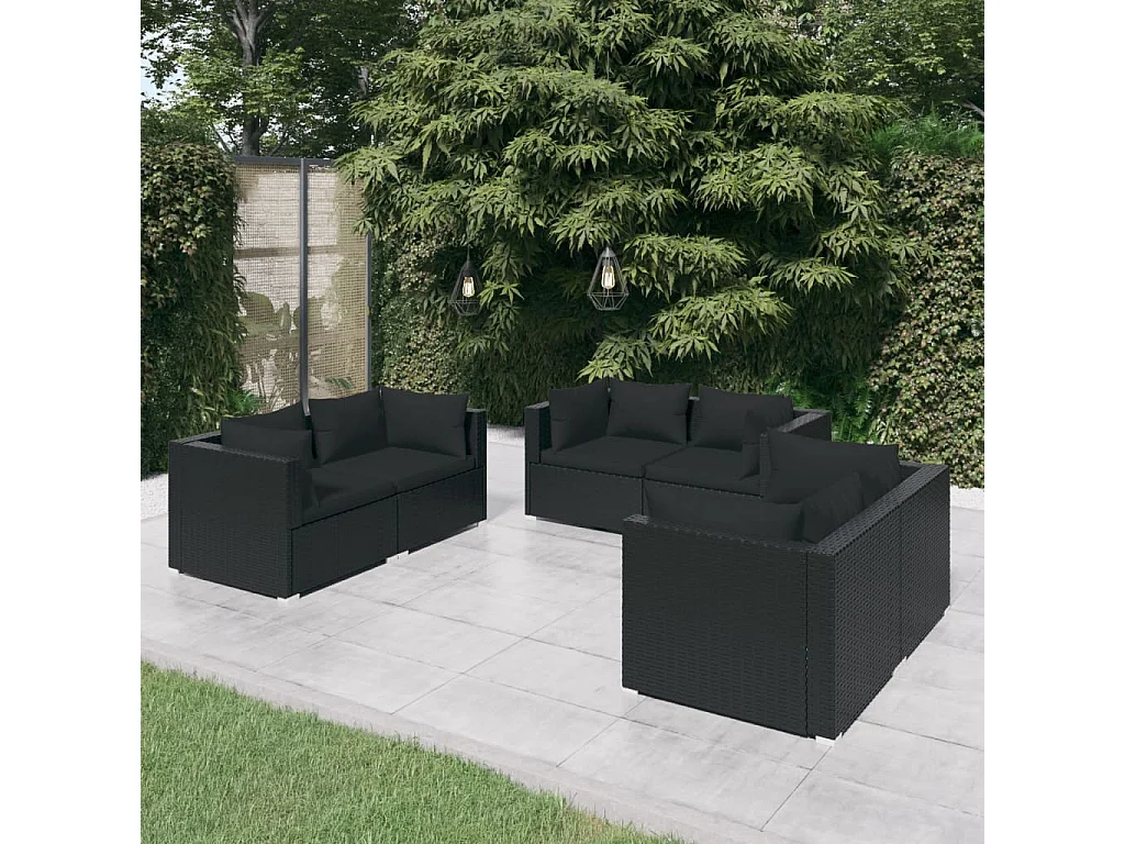 6-delige Loungeset met kussens poly rattan zwart