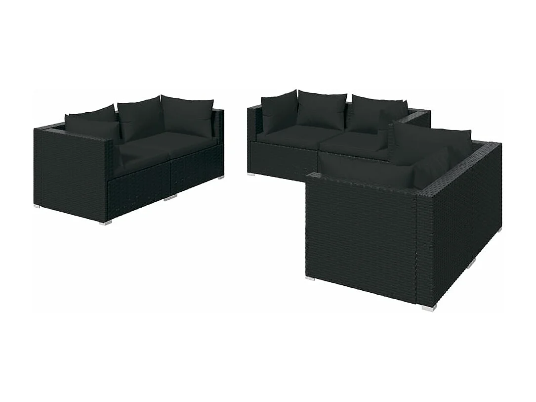 6-delige Loungeset met kussens poly rattan zwart