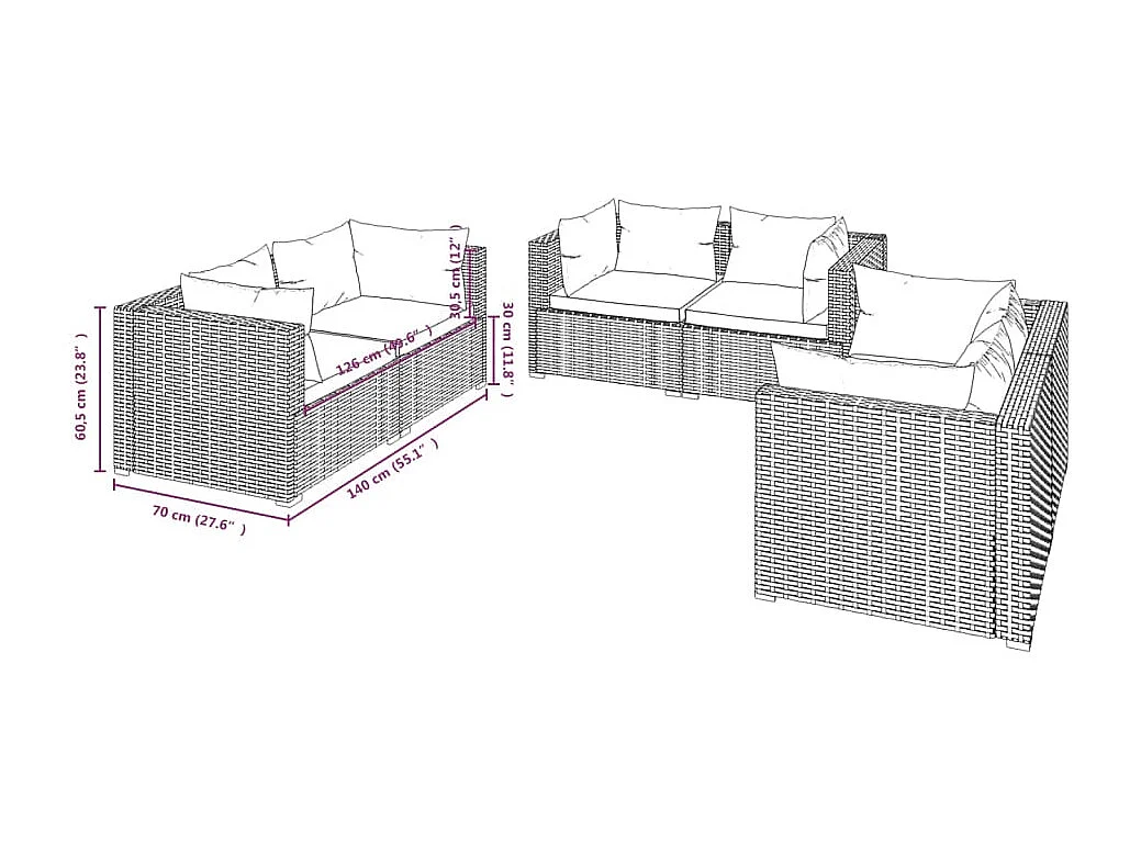 6-delige Loungeset met kussens poly rattan zwart