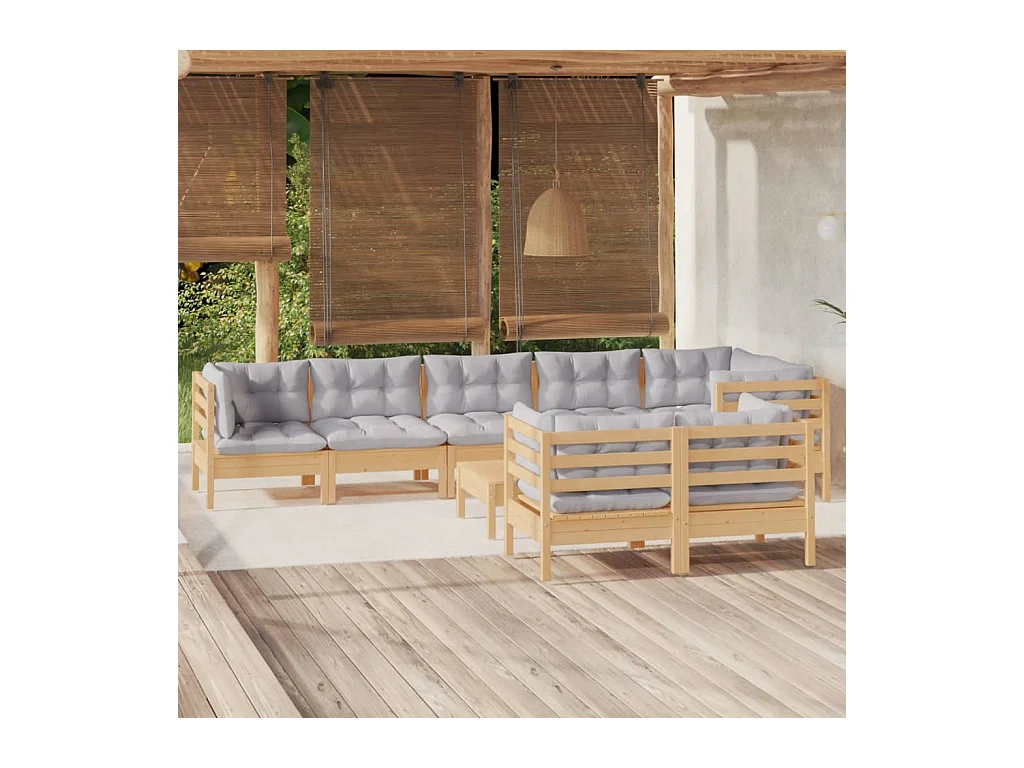 Salon de jardin 9 pièces avec coussins gris Bois de pin massif