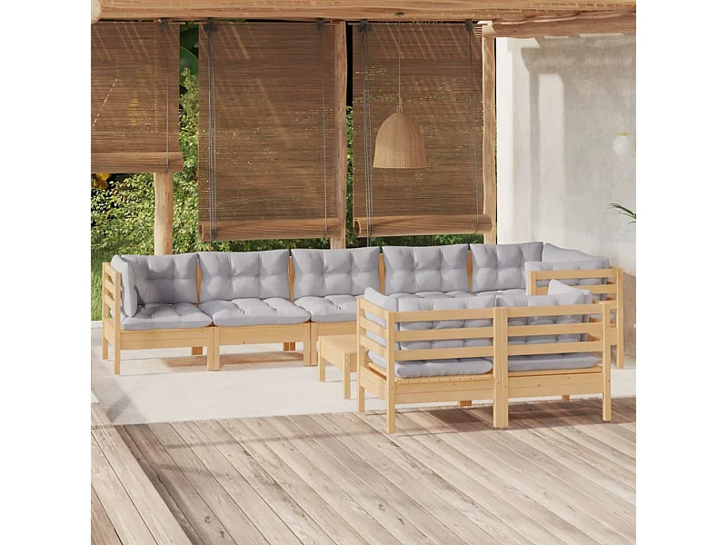 Salon de jardin 9 pièces avec coussins gris Bois de pin massif