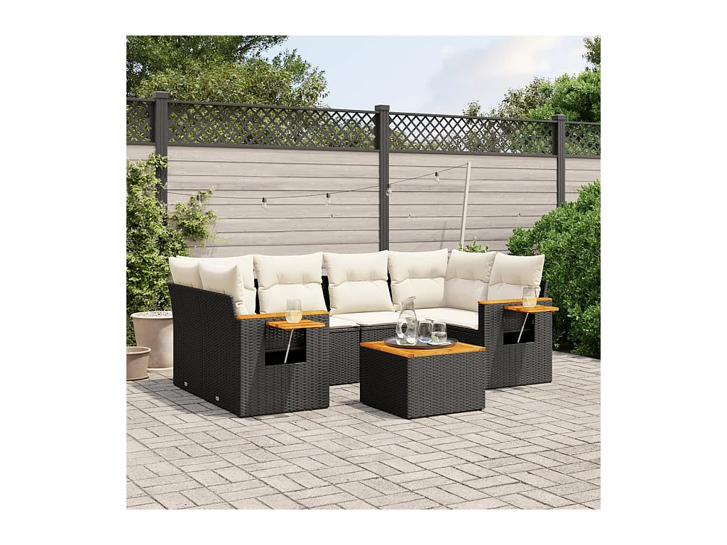 Salon de jardin 7 pièces avec coussins noir résine tressée