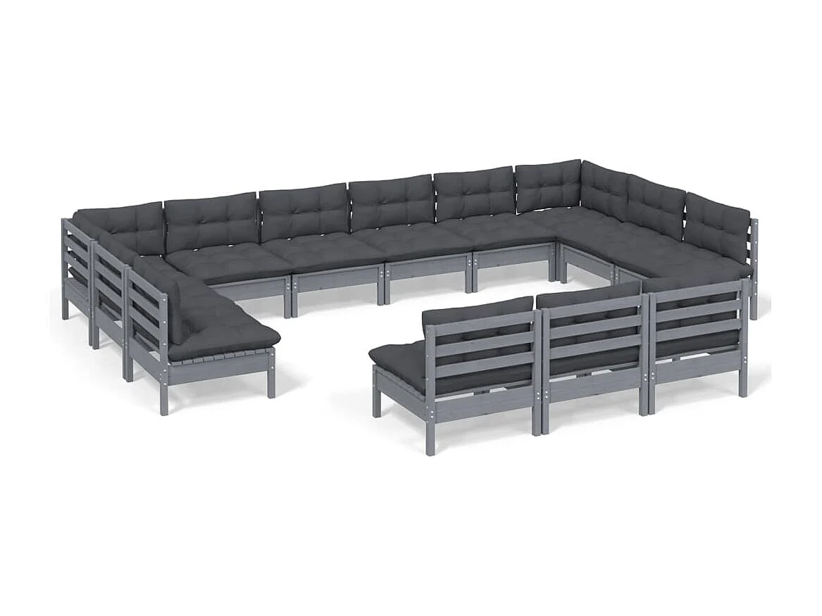 Muebles de jardín 13 piezas y cojines gris madera maciza de pino