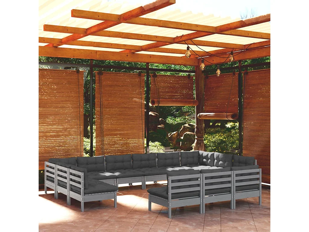 Muebles de jardín 13 piezas y cojines gris madera maciza de pino