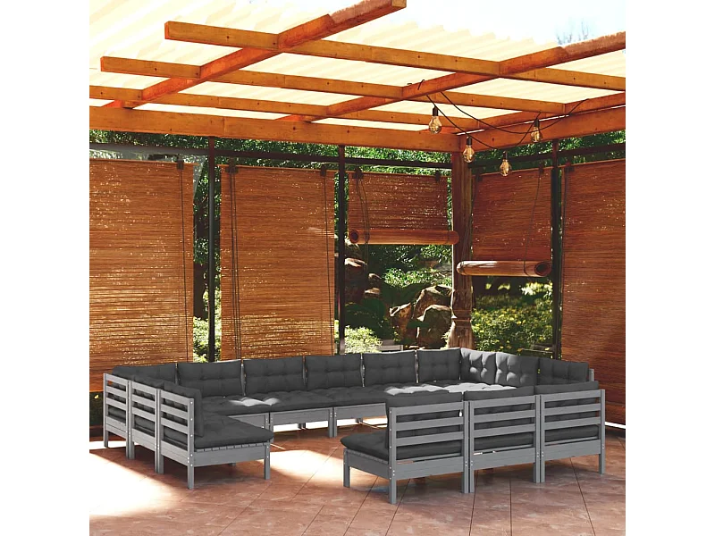 Muebles de jardín 13 piezas y cojines gris madera maciza de pino