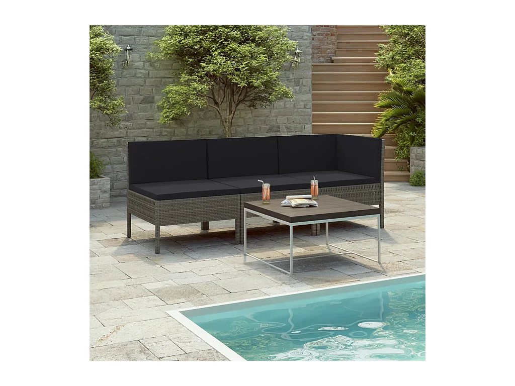 3-delige Loungeset met kussens poly rattan grijs
