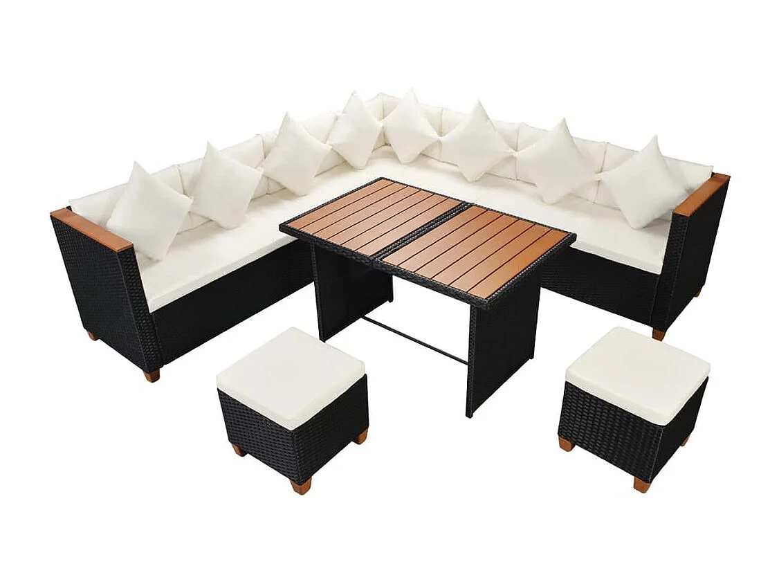 Salon de jardin 7 pièces avec coussins Résine tressée Noir