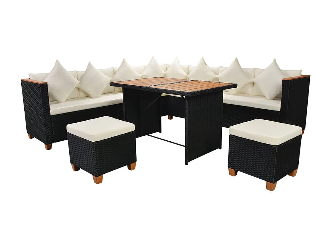 Salon de jardin 7 pièces avec coussins Résine tressée Noir