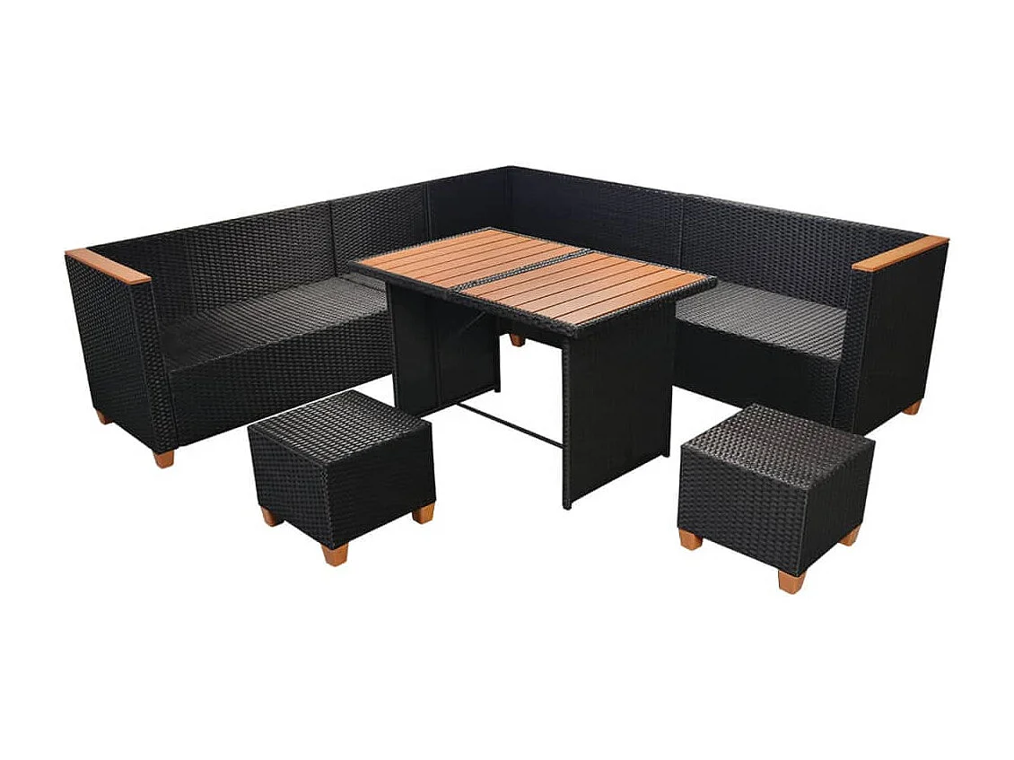 Salon de jardin 7 pièces avec coussins Résine tressée Noir