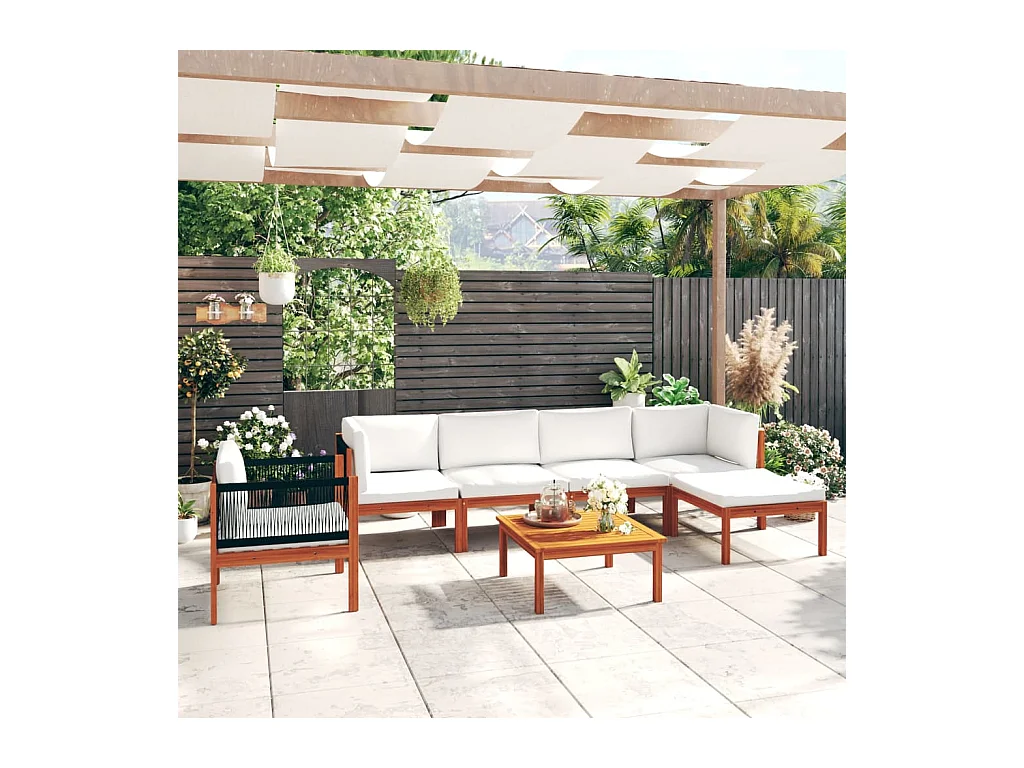 Salon de jardin 7 pièces avec coussins Crème Bois d'acacia solide