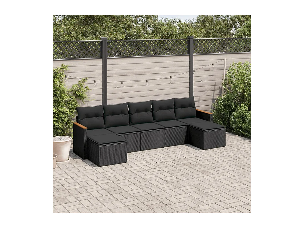 7 peças conjunto de sofás p/ jardim c/ almofadões vime PE preto