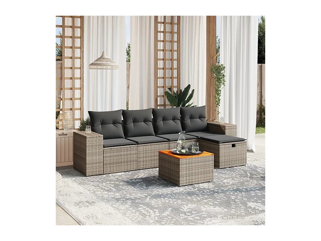 Set de muebles de jardín 6 piezas y cojines ratán sintético gris