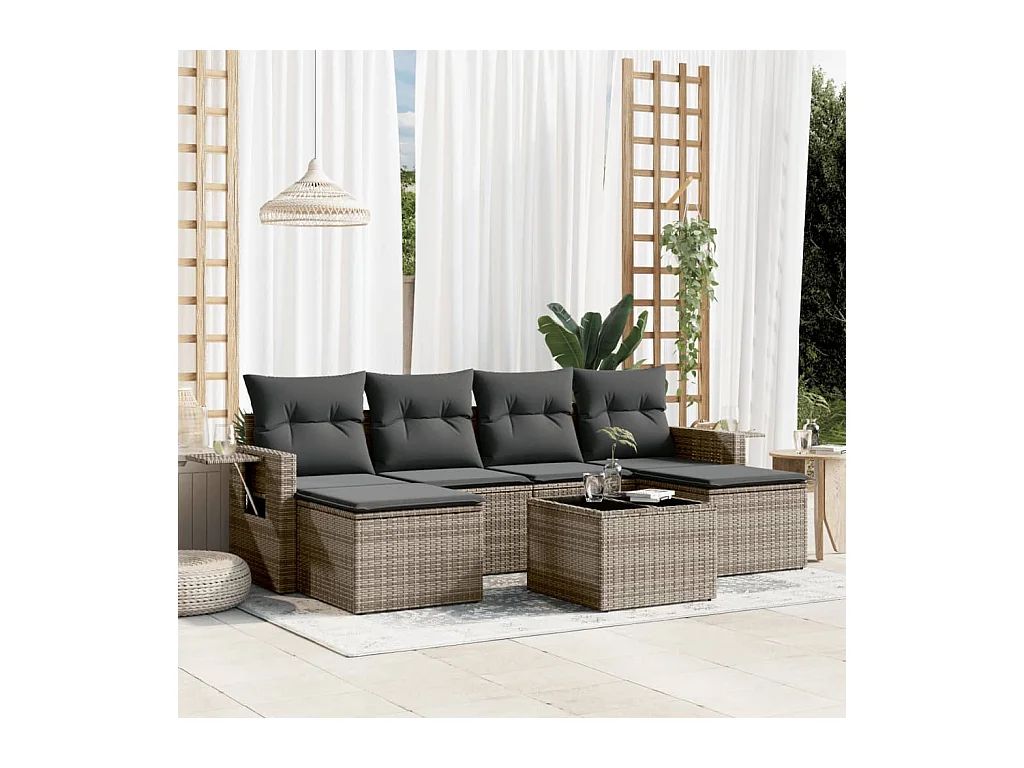 Salon de jardin avec coussins 7 pièces gris résine tressée
