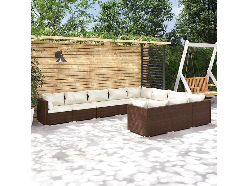 10-delige Loungeset met kussens poly rattan bruin