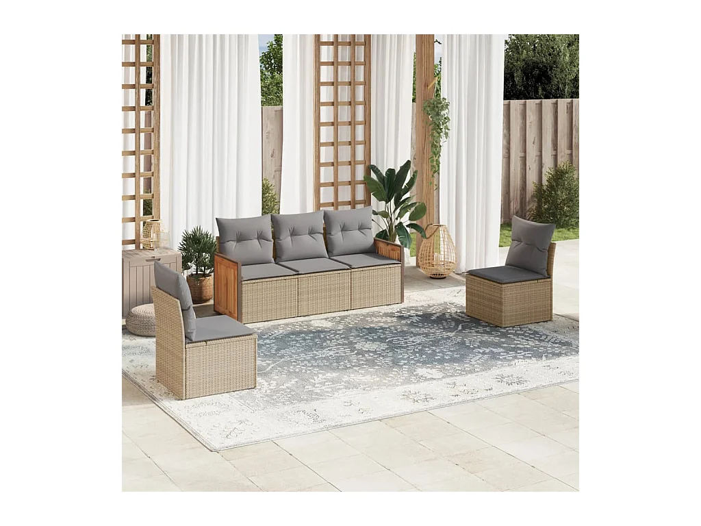 Salon de jardin avec coussins 5 pièces beige résine tressée