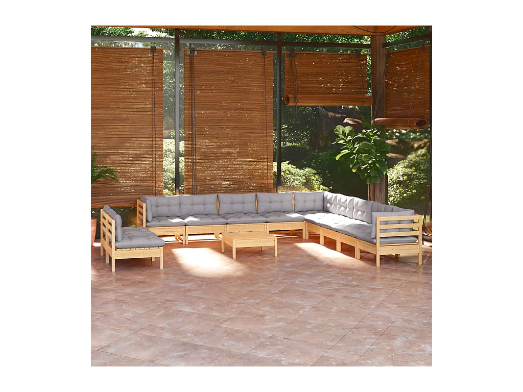 Salon de jardin 12 pièces avec coussins gris Bois de pin massif