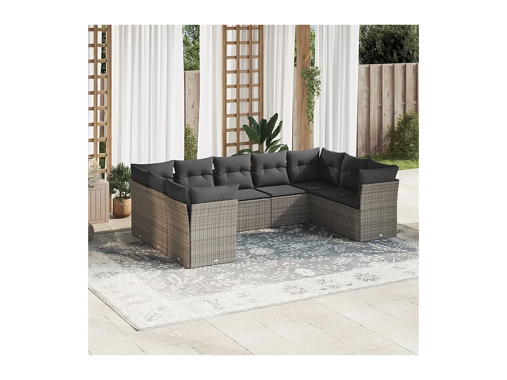 Salon de jardin 9 pièces avec coussins gris résine tressée