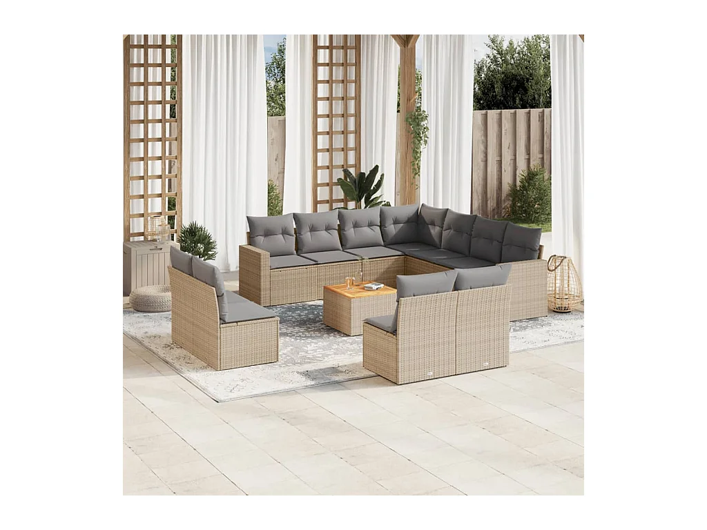 Salon de jardin avec coussins 12 pièces beige résine tressée