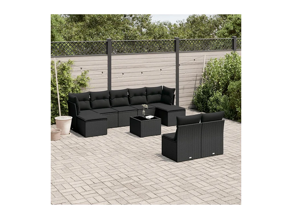 Salon de jardin 10 pièces avec coussins noir résine tressée
