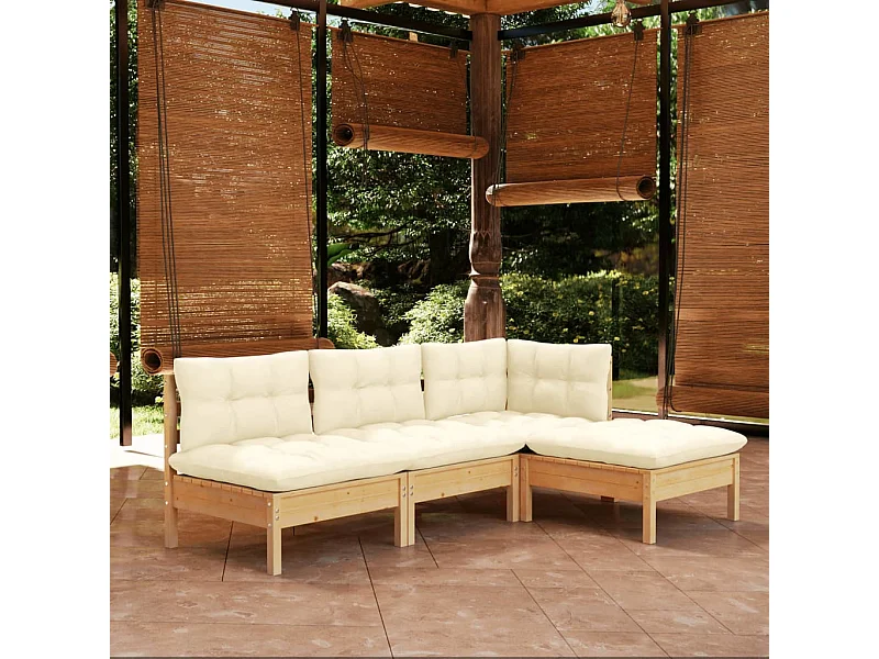 Salon de jardin 4 pièces avec coussins crème Bois de pin