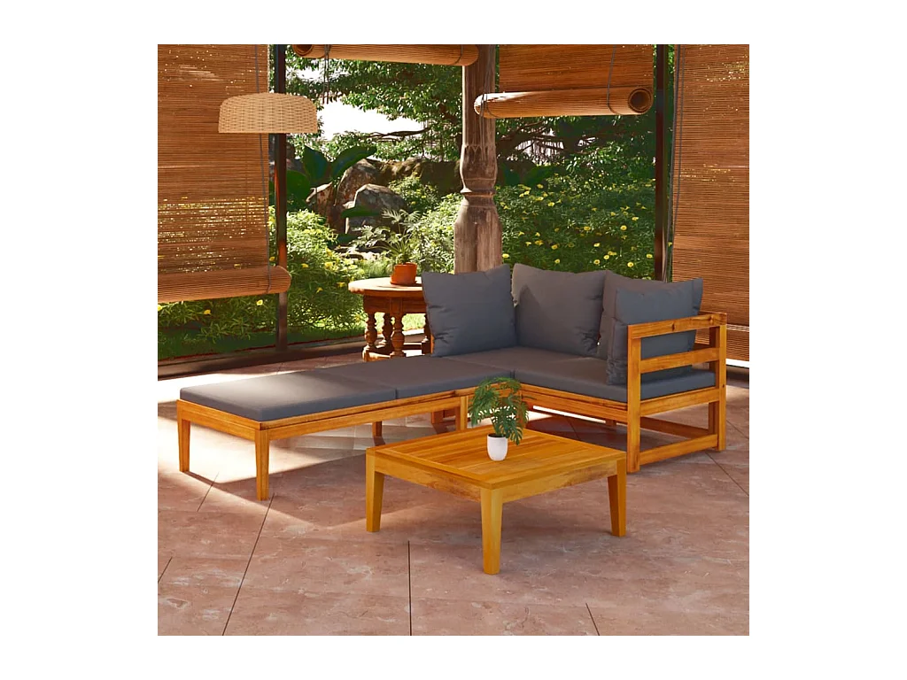 Salon de jardin 3 pièces avec coussins gris foncé Bois d'acacia