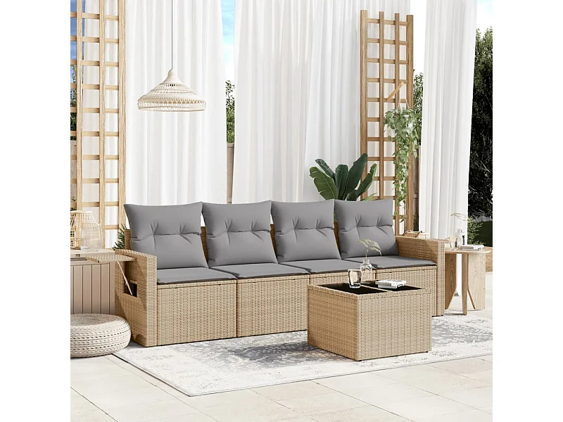 Salon de jardin avec coussins 5 pièces beige résine tressée