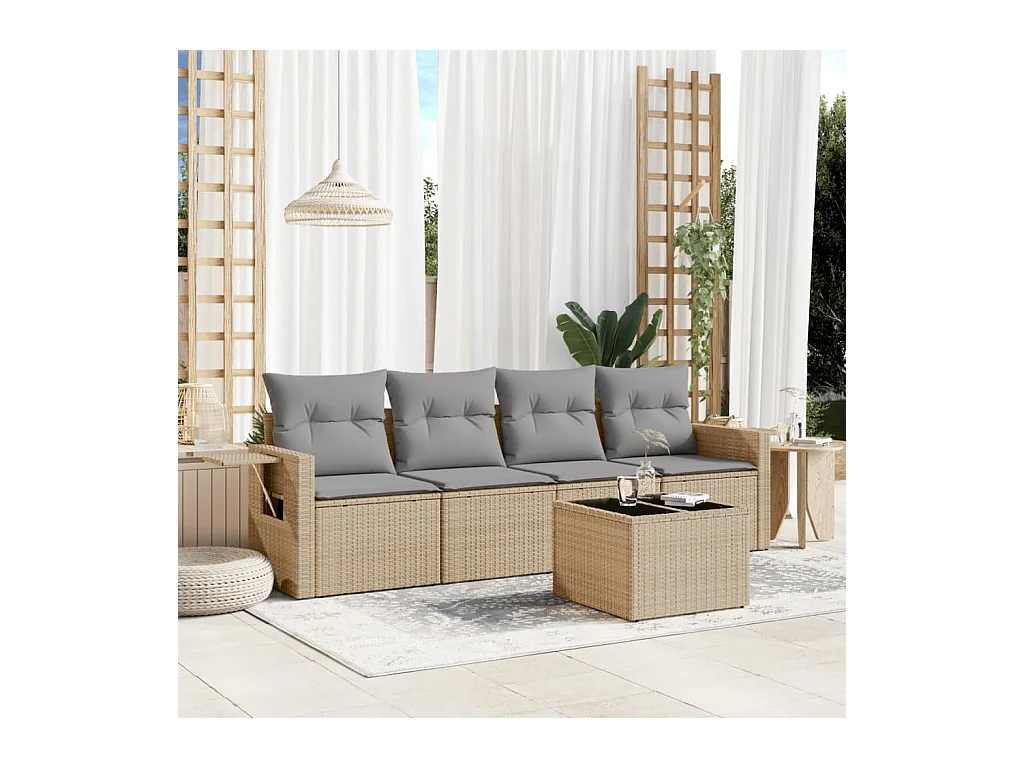 5 peças conjunto de sofás p/ jardim com almofadões vime PE bege