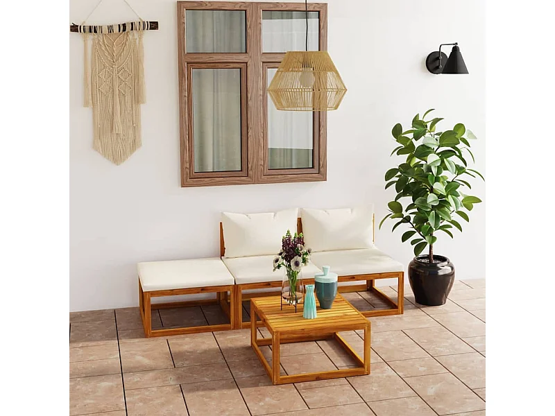 Salon de jardin 4 pièces avec coussin Crème Bois d'acacia solide