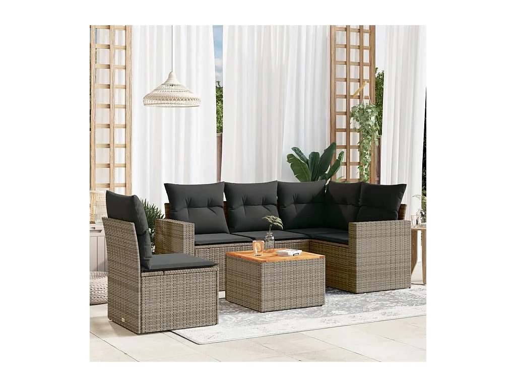 Salon de jardin 6 pièces avec coussins gris résine tressée