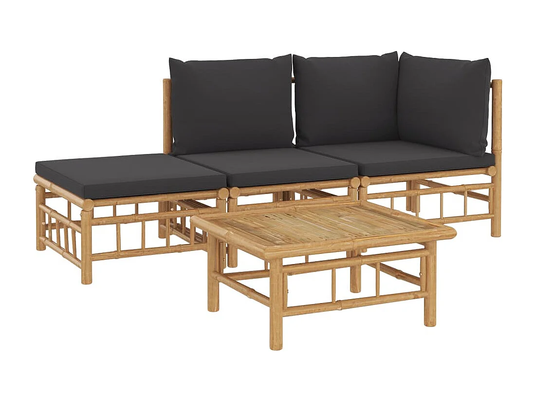 Set de muebles de jardín 4 piezas bambú con cojines gris oscuro
