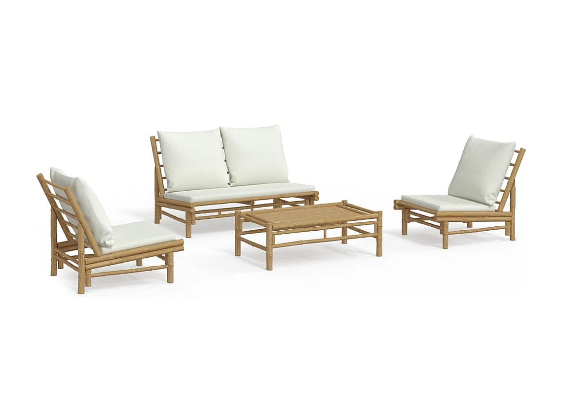 Salon de jardin 4 pièces avec coussins blanc crème bambou