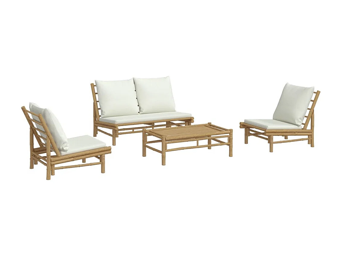 Salon de jardin 4 pièces avec coussins blanc crème bambou