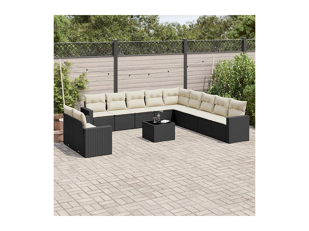 Salon de jardin 12 pièces avec coussins noir résine tressée