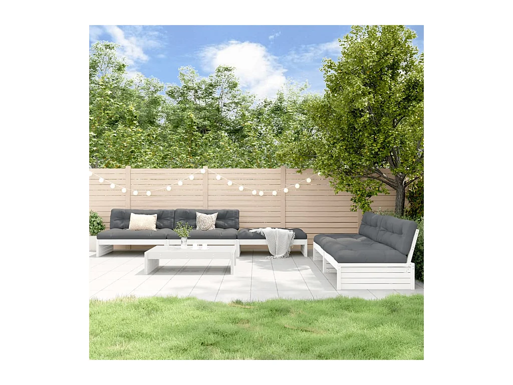 Salon de jardin 6 pièces avec coussins blanc bois massif