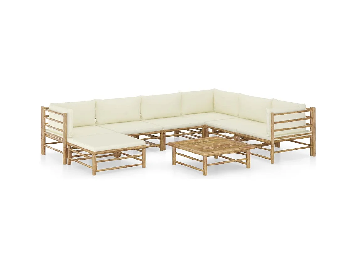 Salon de jardin 8 pièces avec coussins blanc crème Bambou
