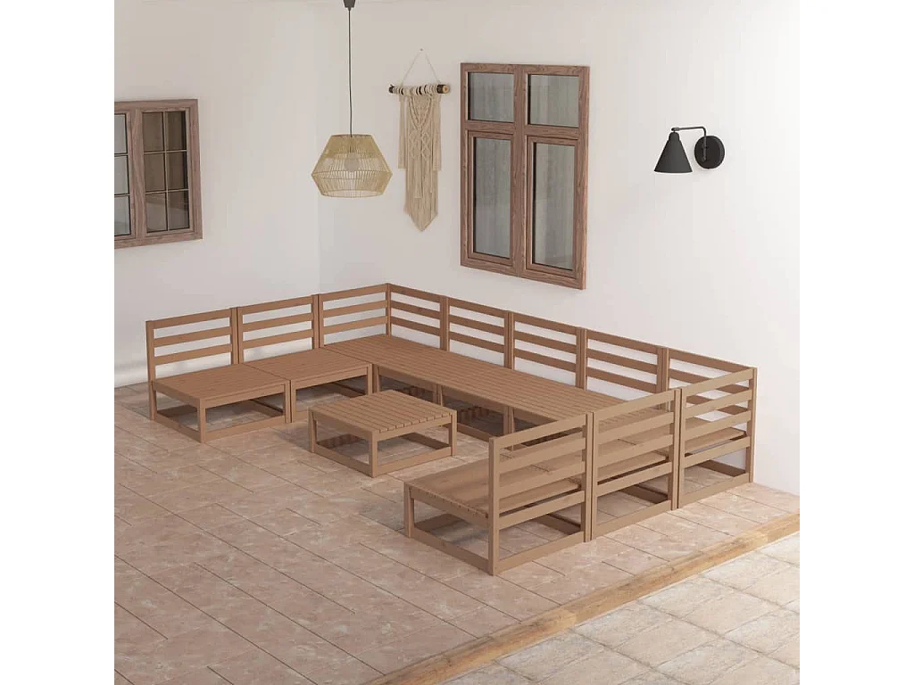 Muebles de jardín 10 piezas y cojines madera maciza de pino