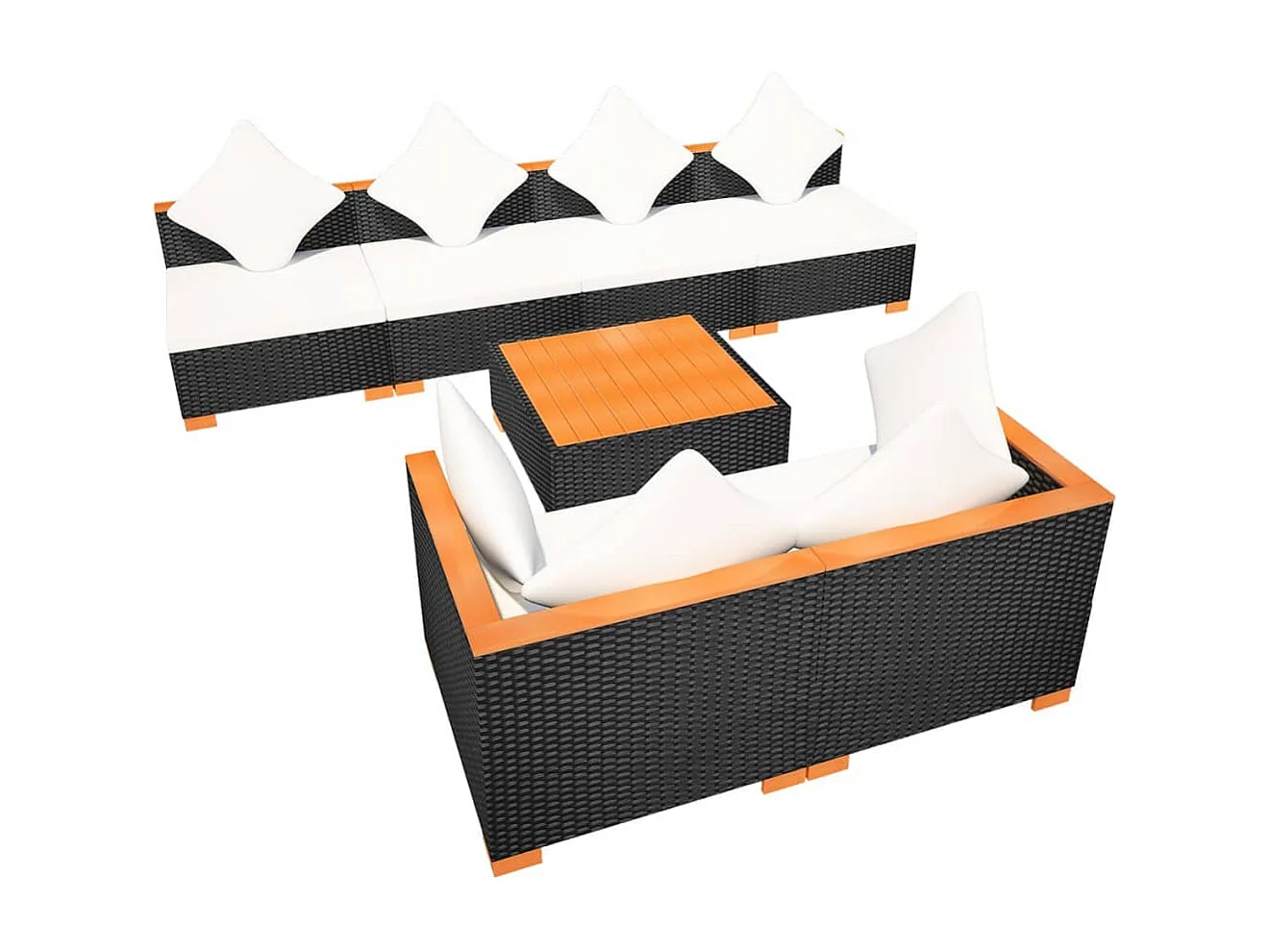 7 peças conjunto lounge de jardim c/ almofadões vime PE preto