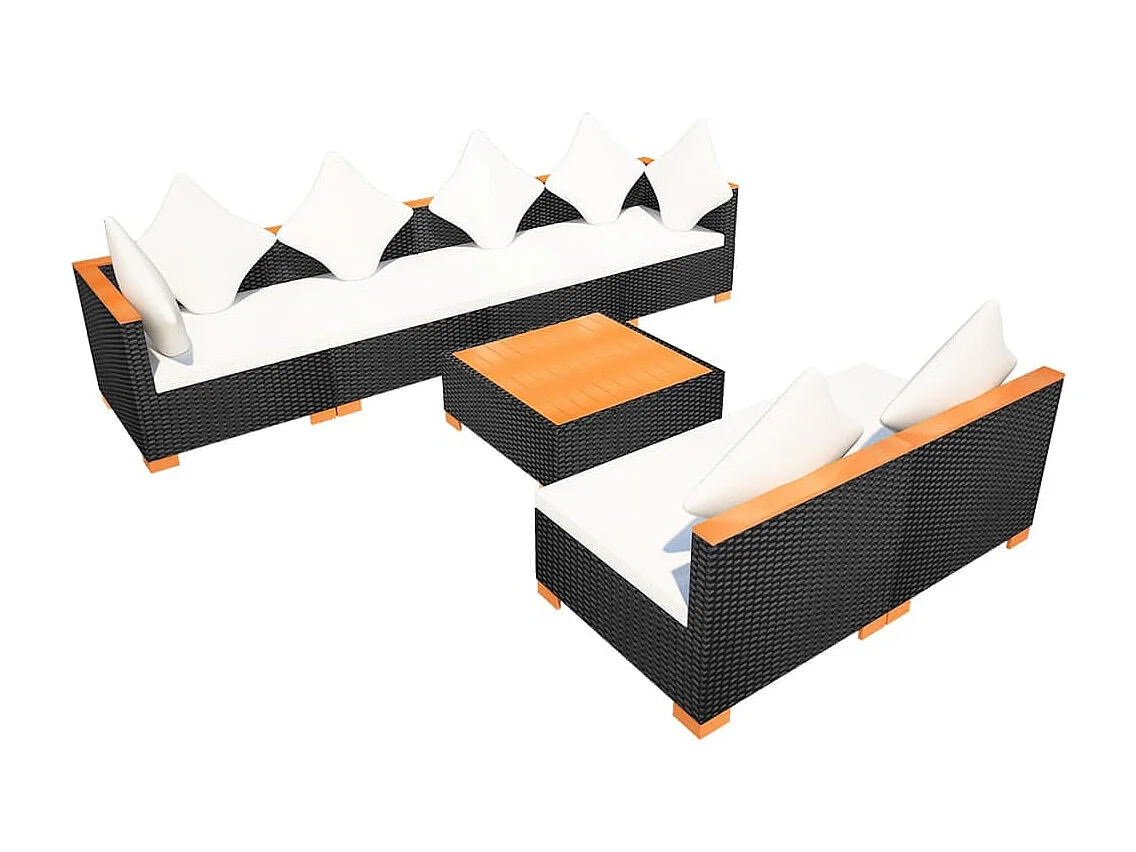 7 peças conjunto lounge de jardim c/ almofadões vime PE preto