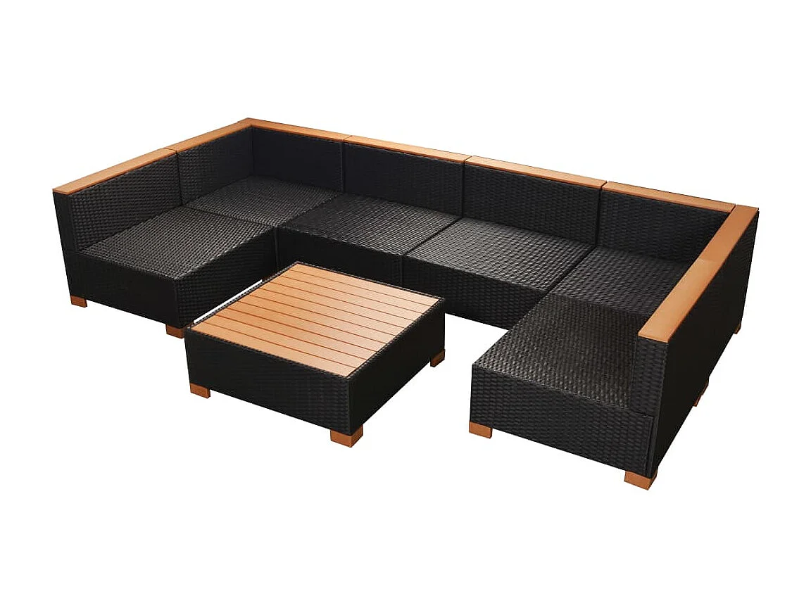 7 peças conjunto lounge de jardim c/ almofadões vime PE preto