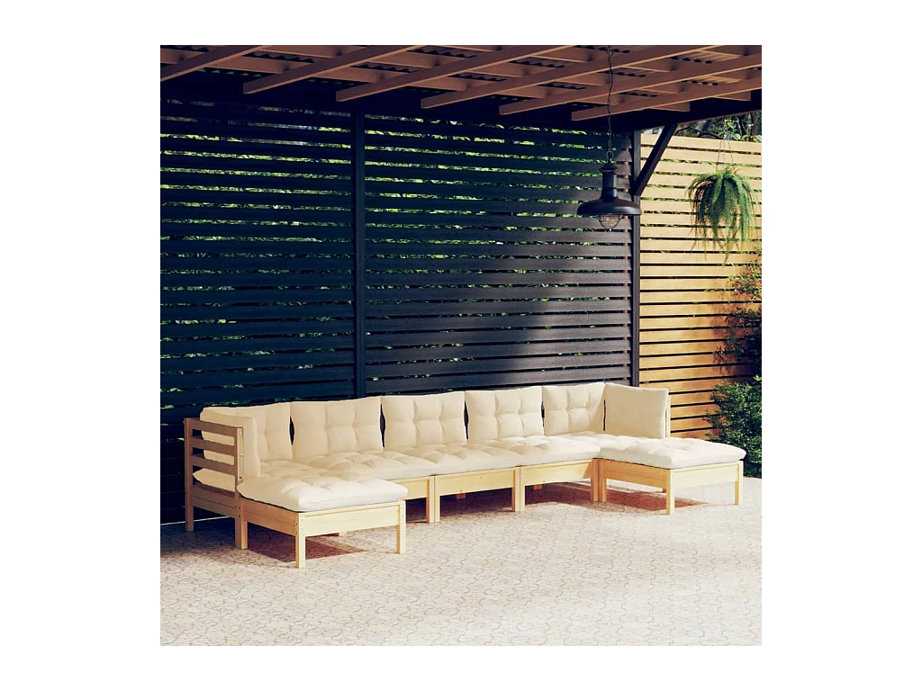 Salon de jardin 7 pièces avec coussins crème Bois de pin