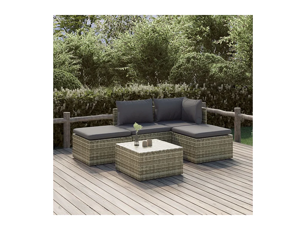 5-delige Loungeset met kussens poly rattan grijs