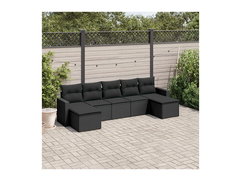 Salon de jardin 7 pièces avec coussins noir résine tressée
