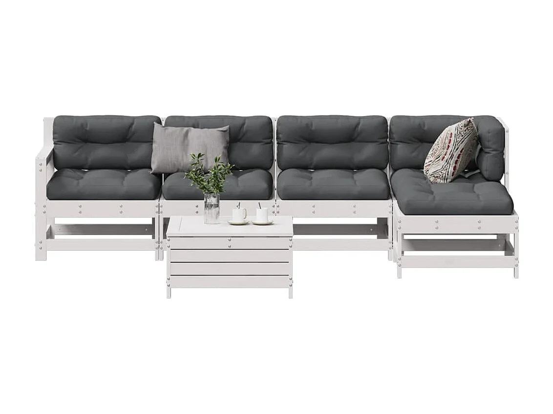 6-delige Loungeset met kussens massief grenenhout wit