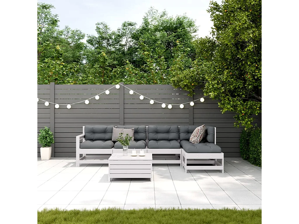 6-delige Loungeset met kussens massief grenenhout wit