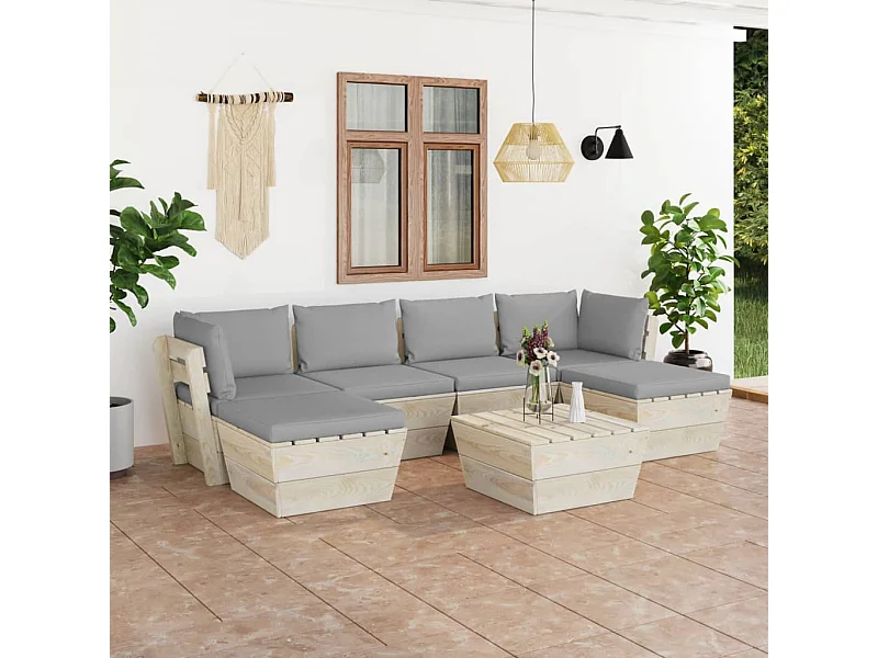 Muebles de jardín de palets 7 piezas y cojines madera de abeto