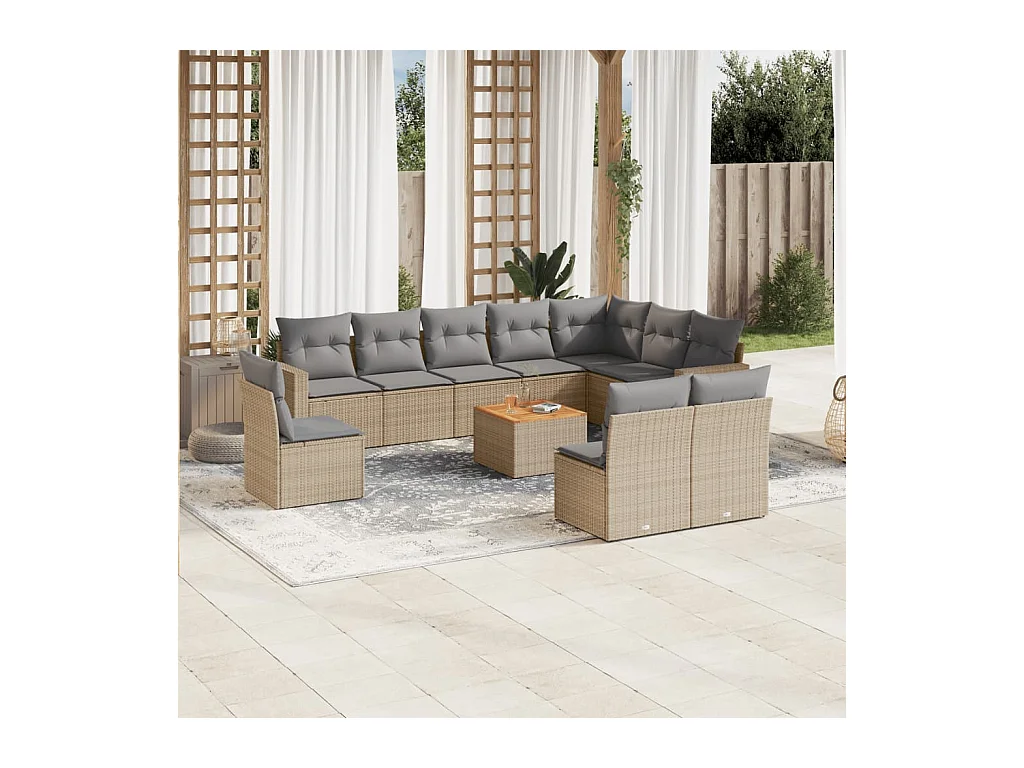 Salon de jardin 11 pièces avec coussins beige résine tressée