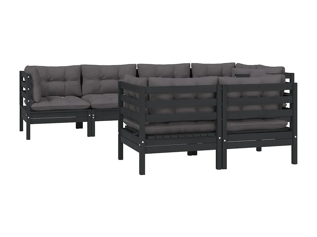 7-delige Loungeset met kussens massief grenenhout zwart