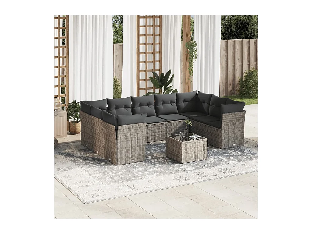 Salon de jardin avec coussins 10 pièces gris résine tressée